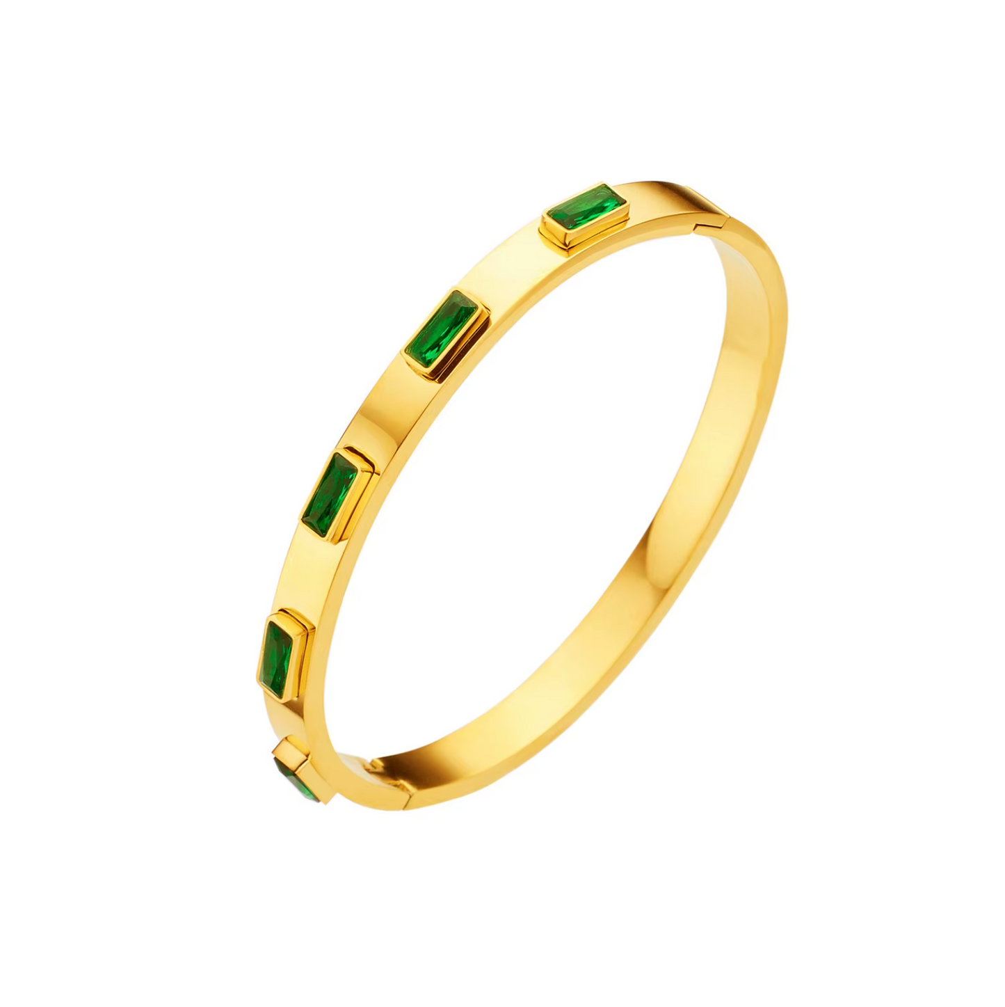 5A+ CZ Emerald-Cut Green Baguette Bangle Bracelet – Gold Plated