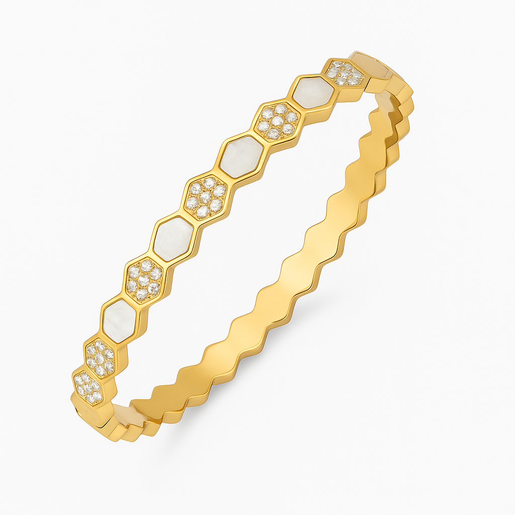 5A+ CZ Honeycomb Bling Bangle Bracelet - Gold Plated