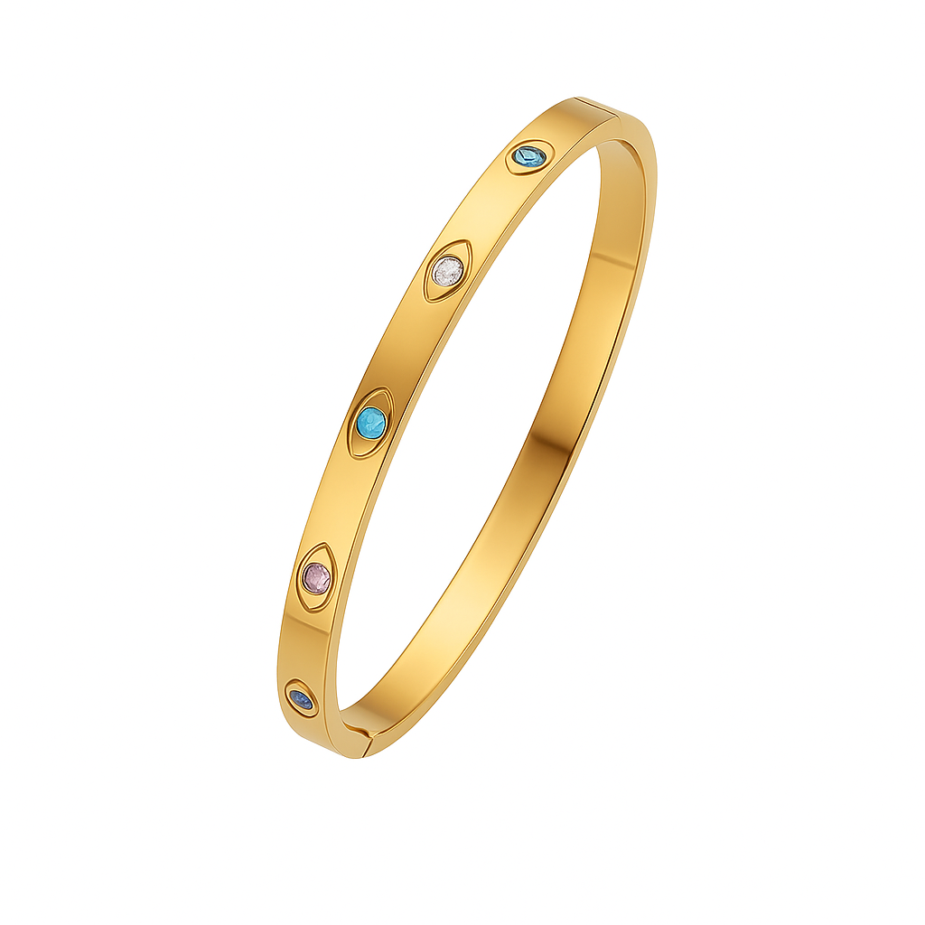 5A+ CZ Multi-Color Eye-Set Bangle Bracelet – Gold Plated