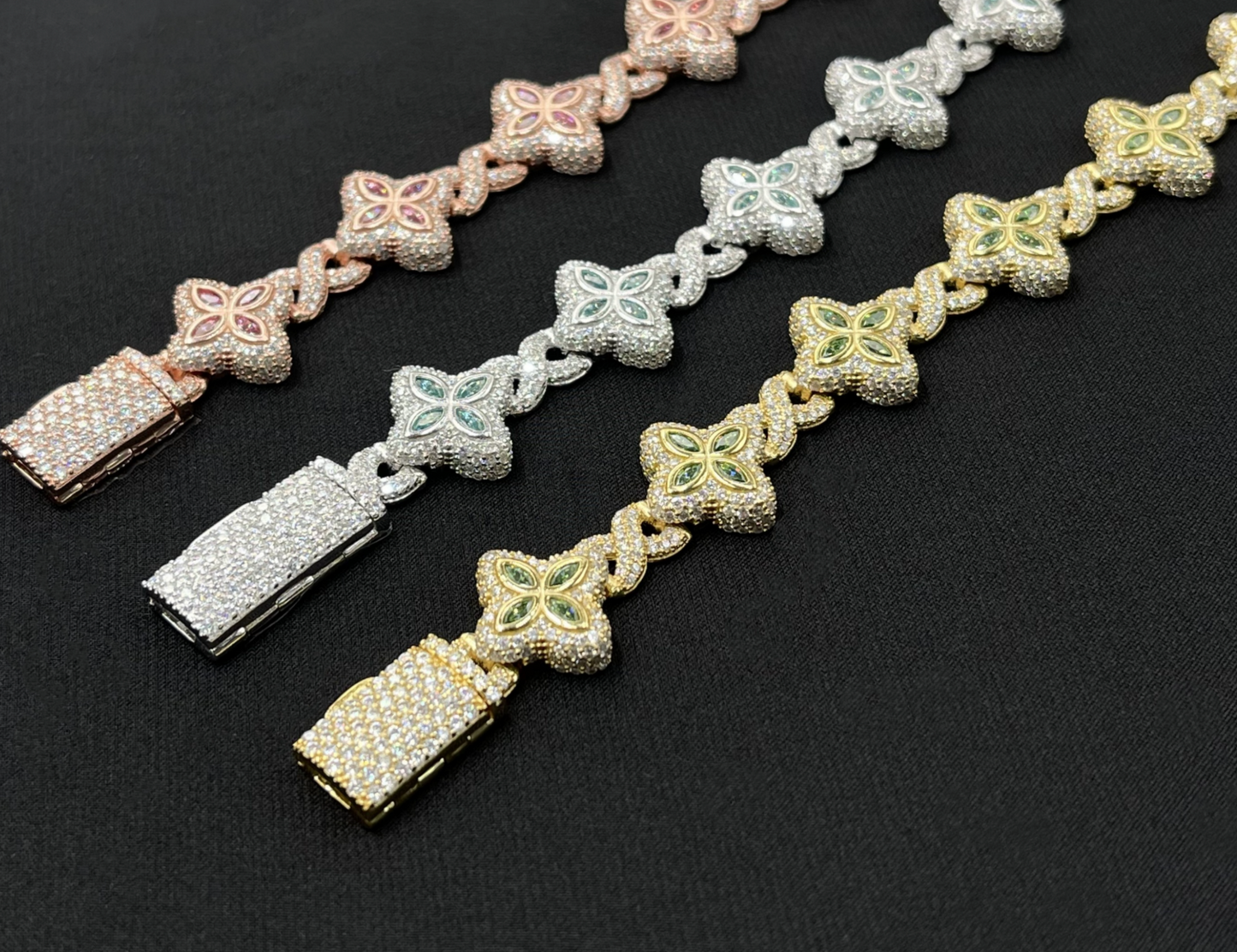 VVS1 Moissanite 15mm Cuban Marquise Flower Four Leaf Clover Bracelet