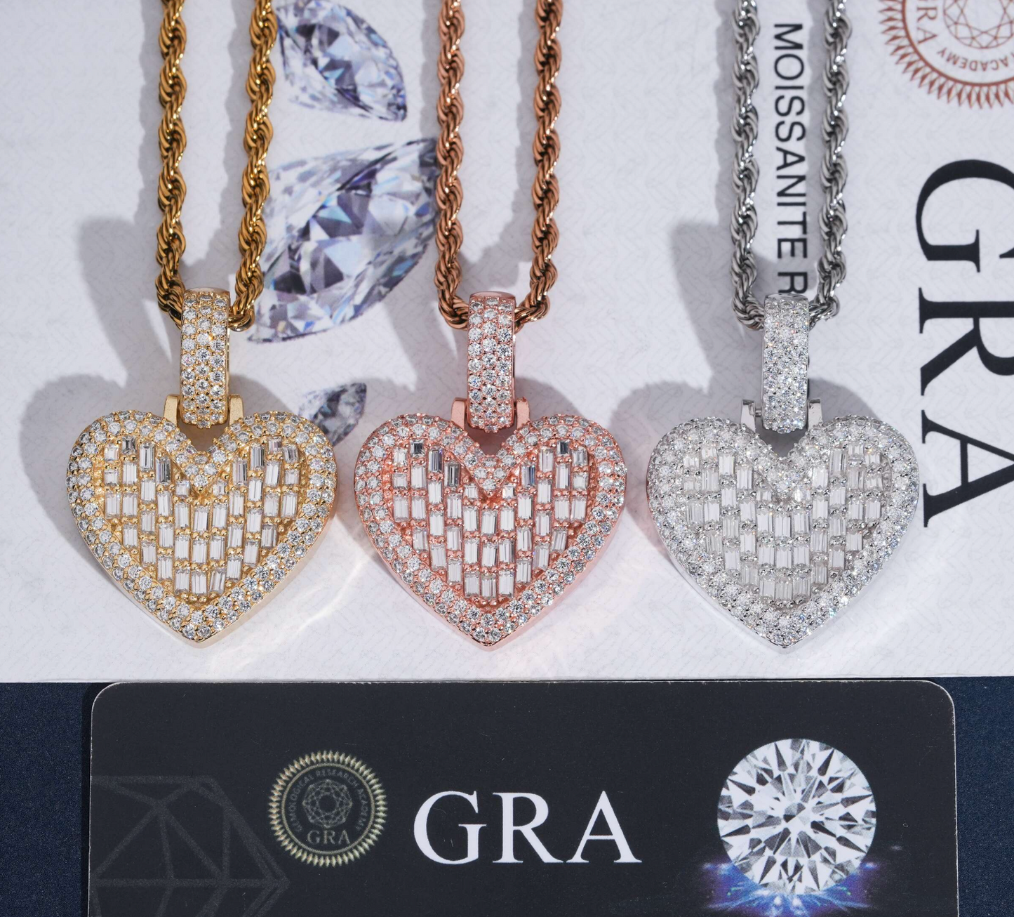 VVS1 Moissanite Heart Baguette & Rounded Pendant