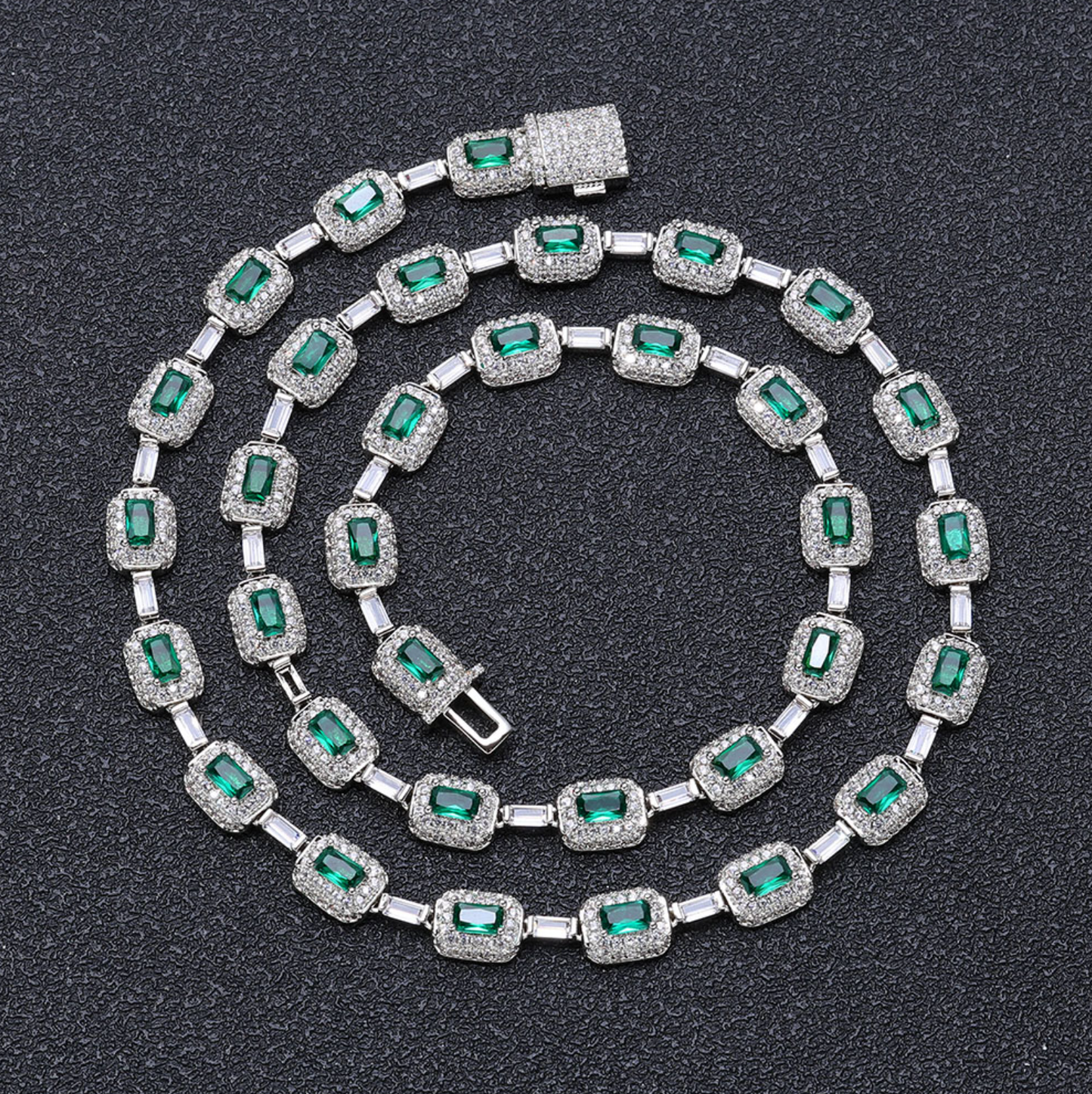 5A+ CZ 7mm Green Baguette Emerald Cushion Cut Chain