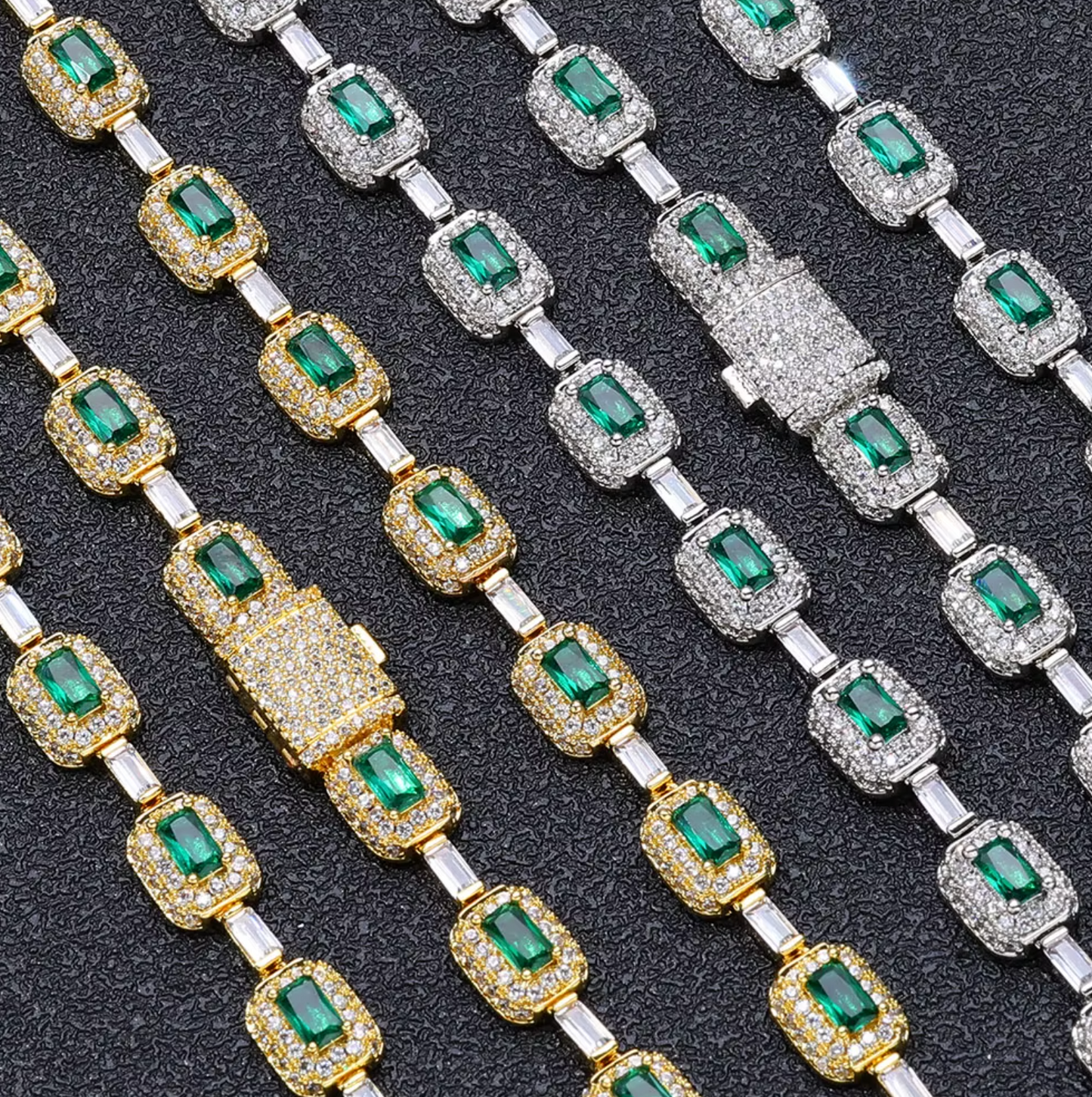 5A+ CZ 7mm Green Baguette Emerald Cushion Cut Chain