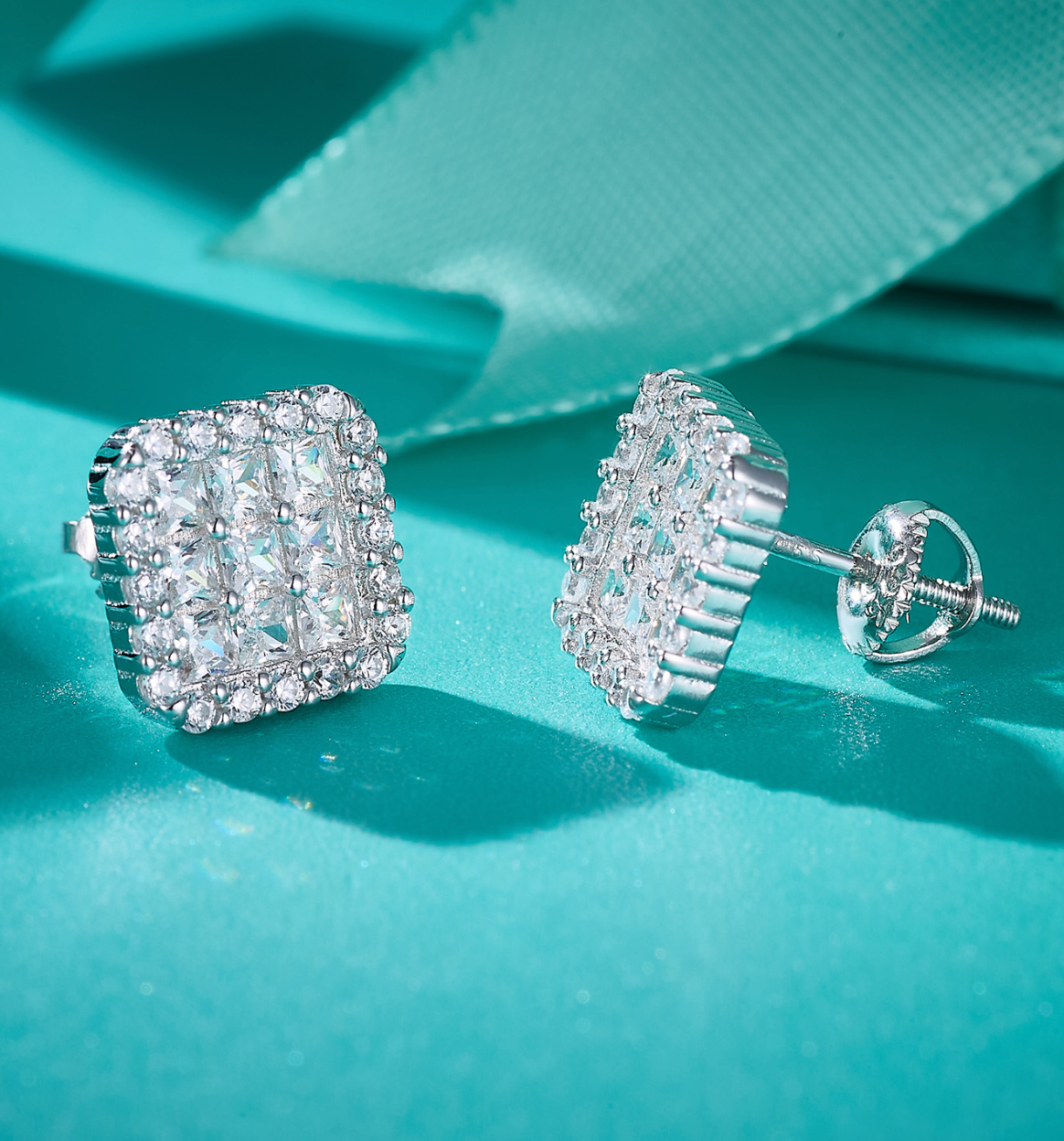 VVS1 Moissanite Fully Iced Square Princess Cut Stud Earrings