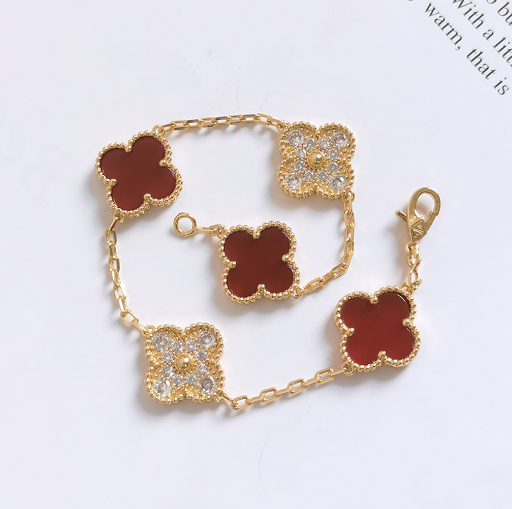 Red Agate Four Leaf Clover Bracelet