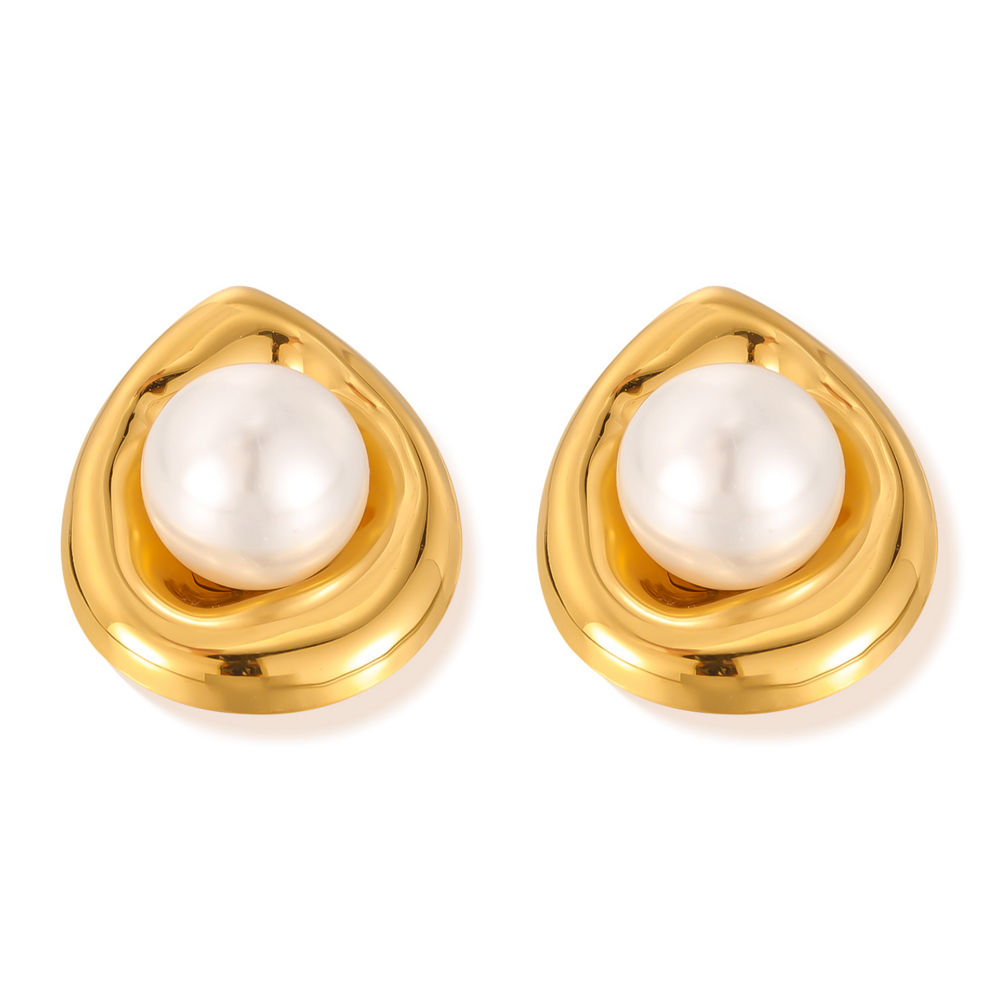 Big Pearl Stud Earrings - Gold Plated