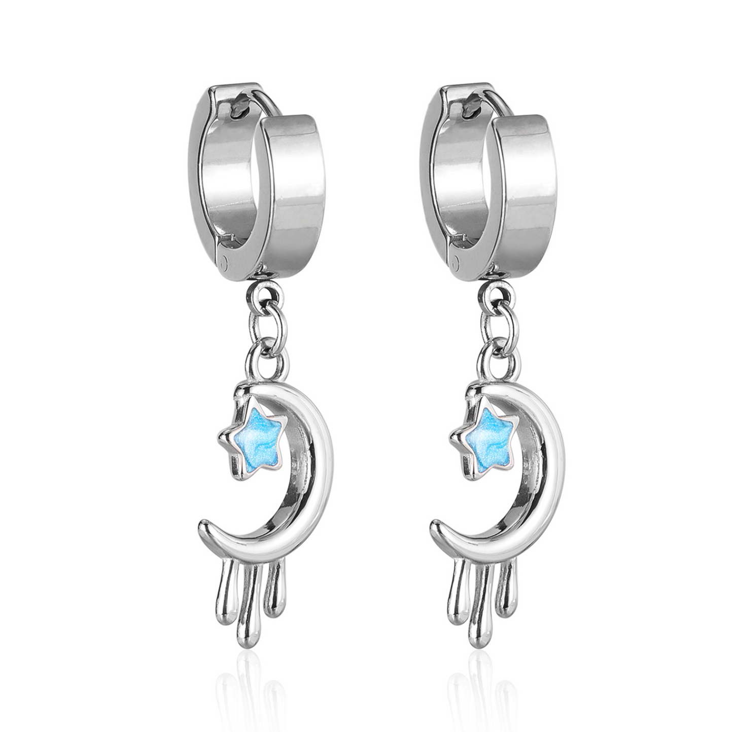 Enamel Moon and Star Hoop Earrings - Stainless Steel