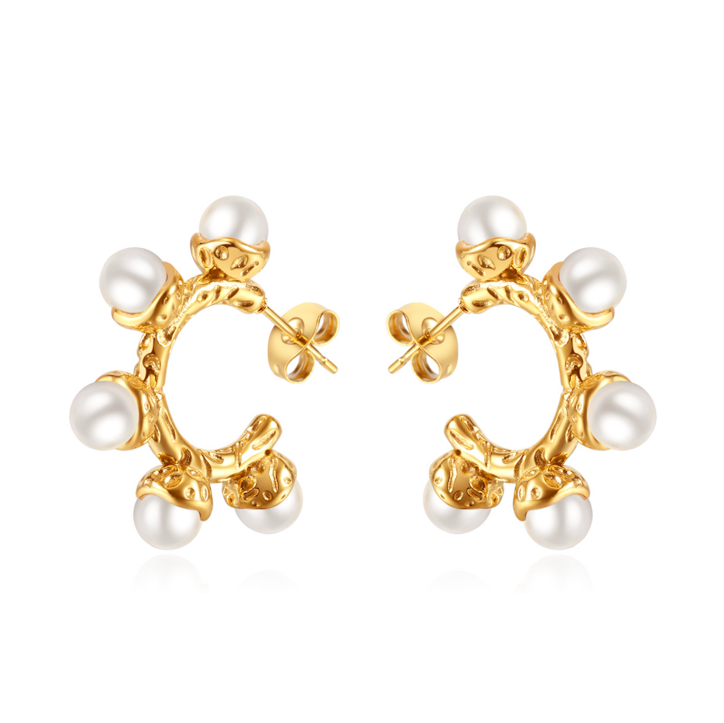 Pearl Hoop Studs C-Shape Earrings - Gold Plated