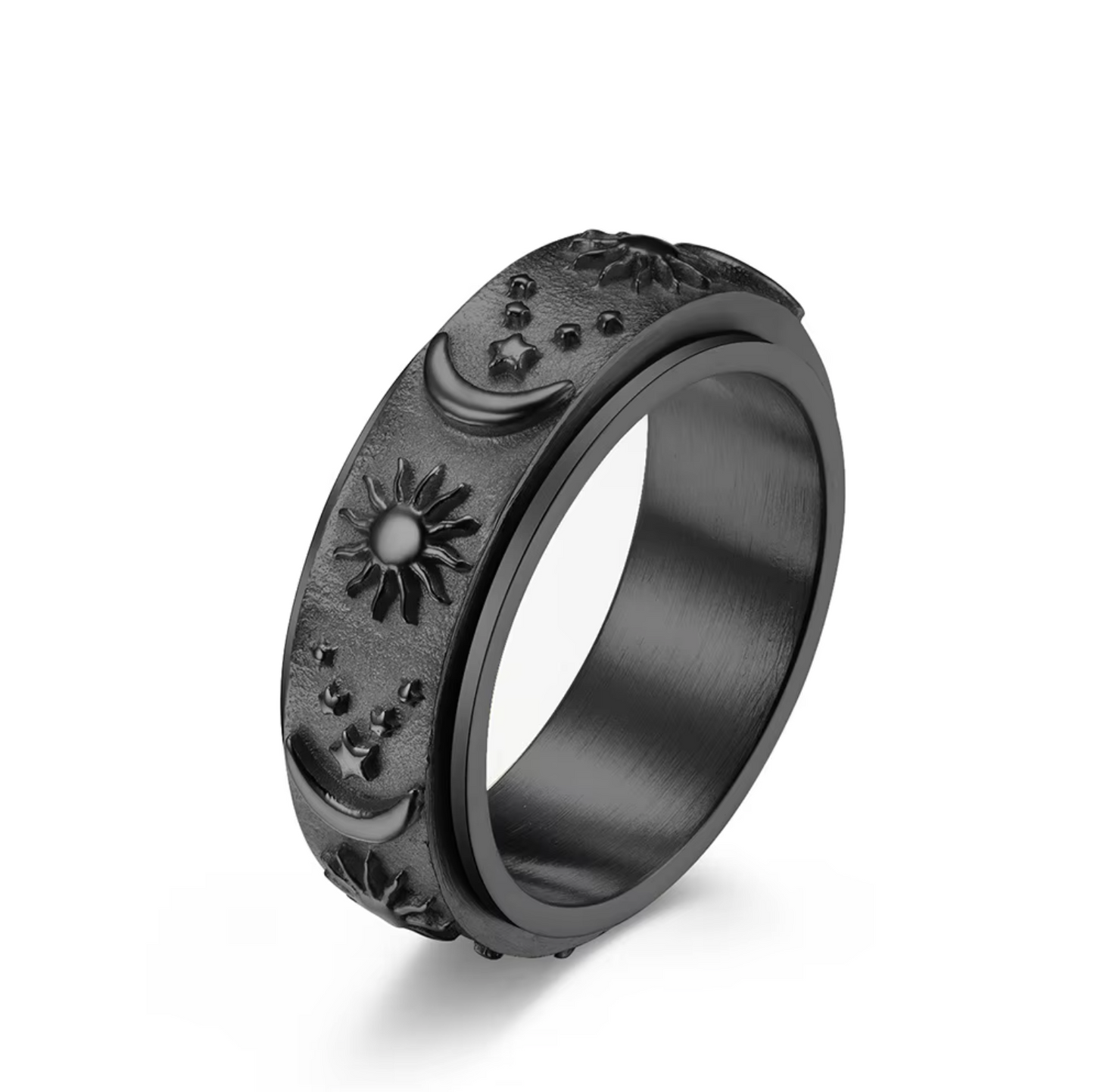 Stainless Steel Rotating Band Star Moon Ring