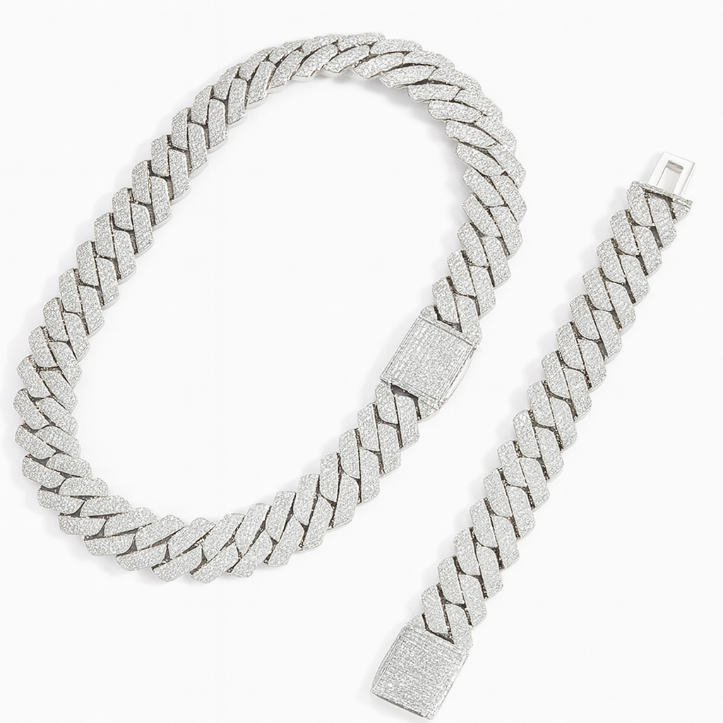 5A+ CZ 20mm Three Rows Cuban Link Chain & Bracelet