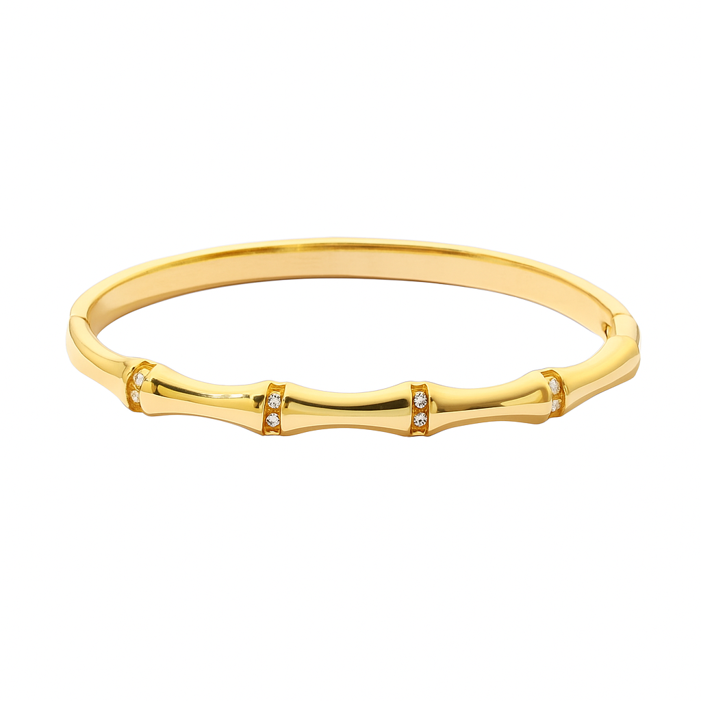 5A+ CZ Bamboo Style Bangle Bracelet - Gold Plated
