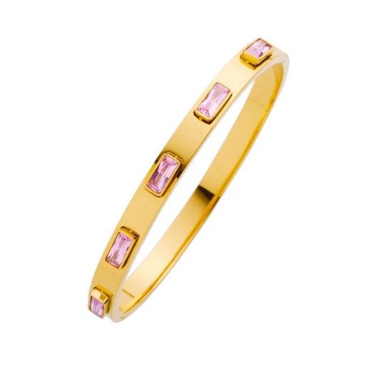 5A+ CZ Emerald-Cut Pink Baguette Bangle Bracelet – Gold Plated