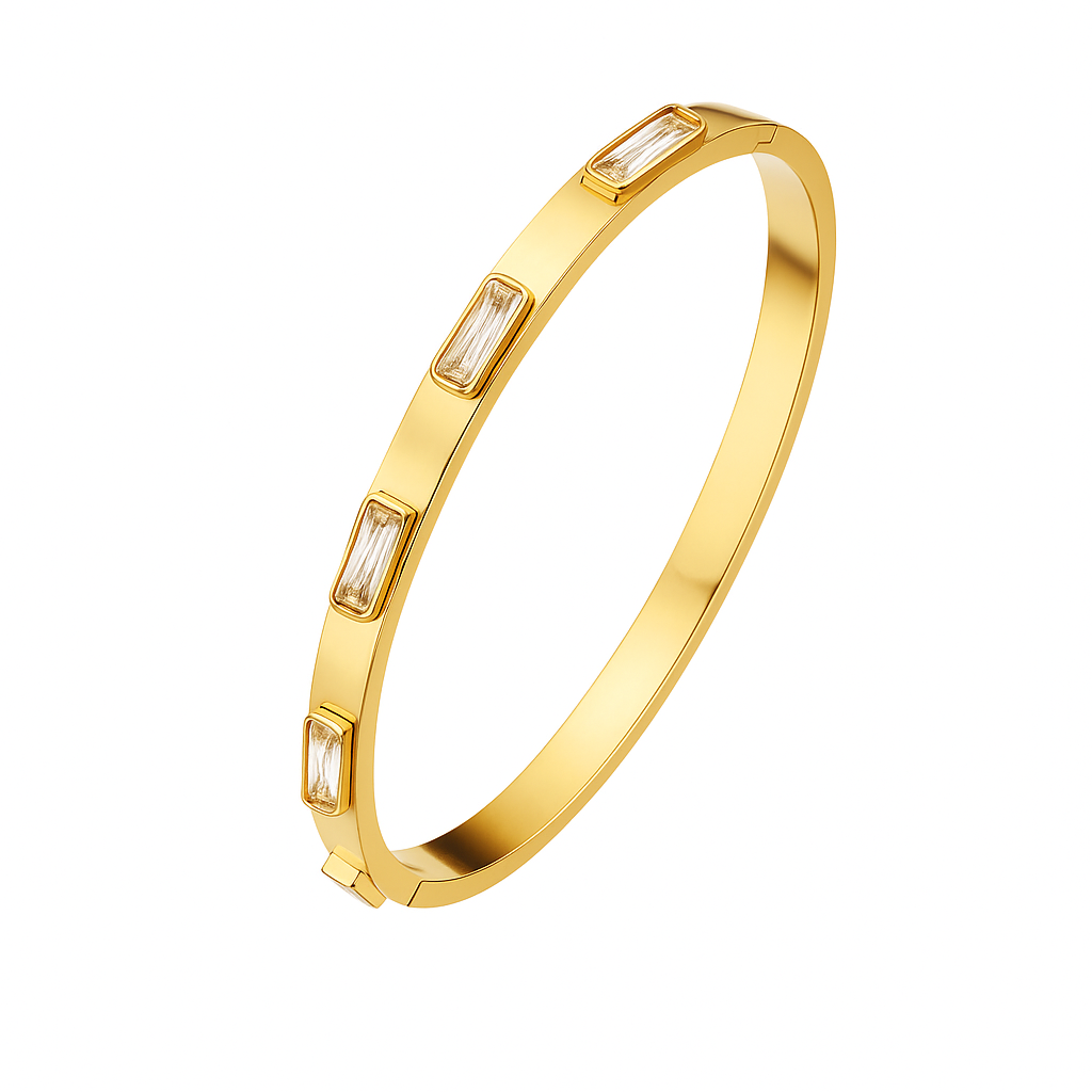 5A+ CZ Emerald-Cut White Baguette Bangle Bracelet – Gold Plated