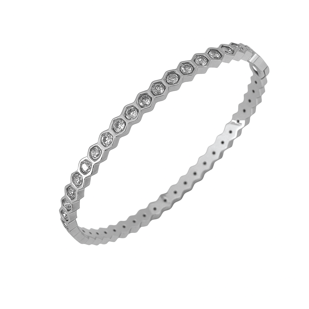 5A+ CZ Hexagon Shape Bangle Bracelet - Gold Plated