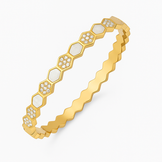 5A+ CZ Honeycomb Bling Bangle Bracelet - Gold Plated