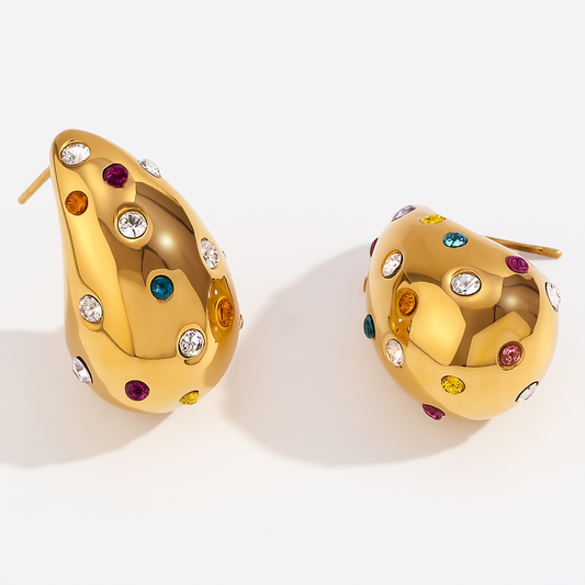 5A+ CZ Multi-Color Teardrop Chunky Earrings - Gold Plated
