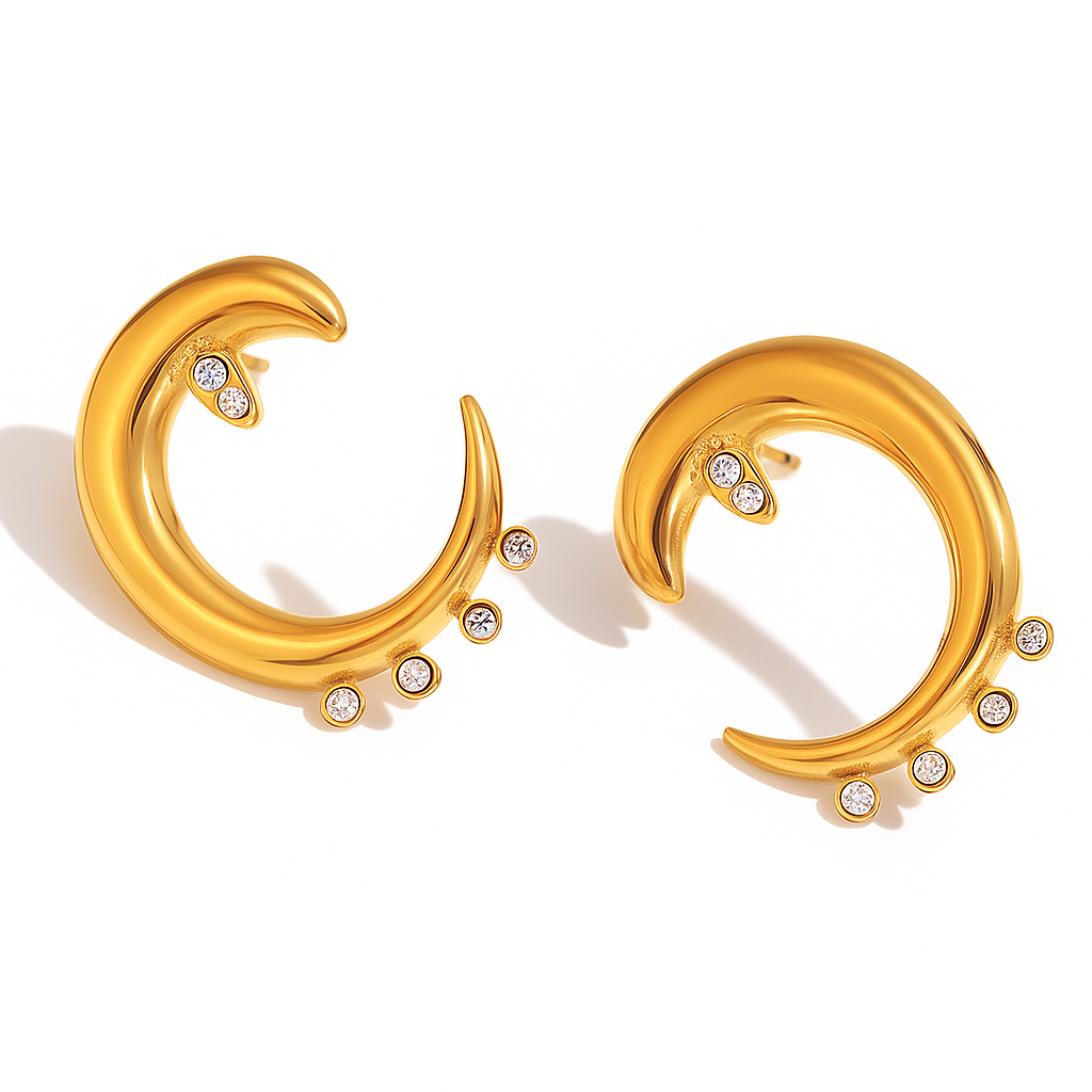 5A+ CZ Sparkling Moon Arc Earrings - Gold Plated