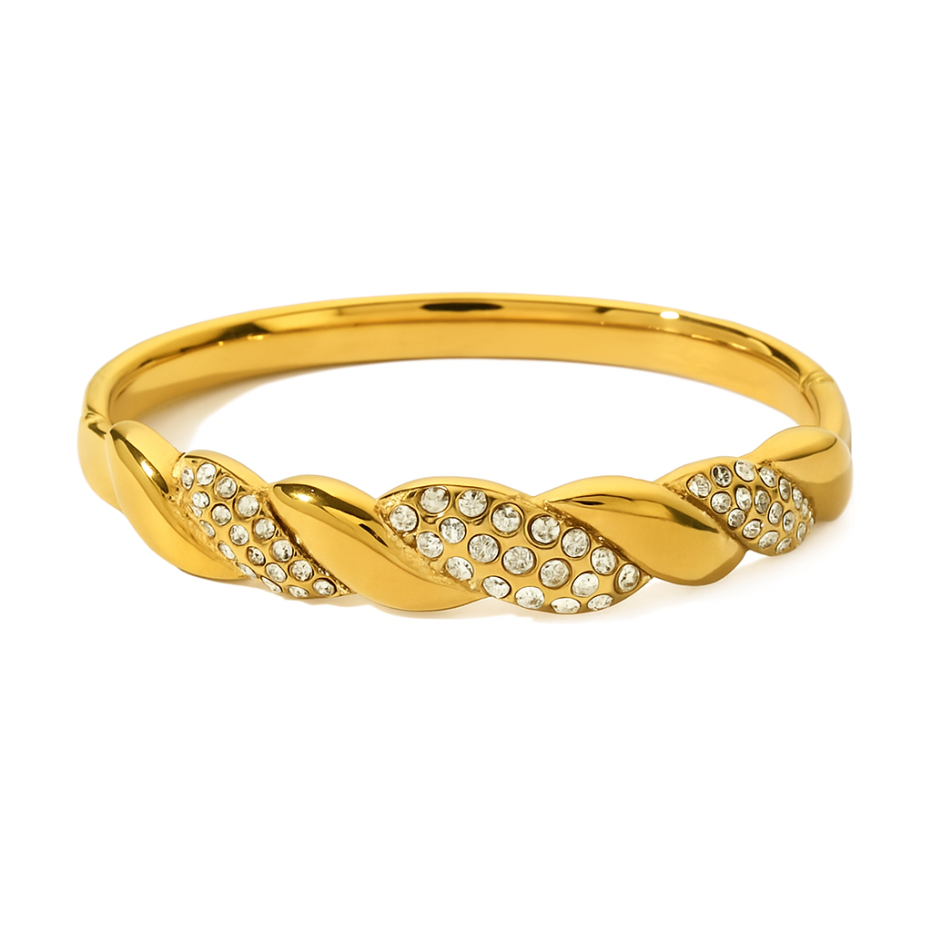 5A+ CZ Twist Cuff Bangle Bracelet - Gold Plated