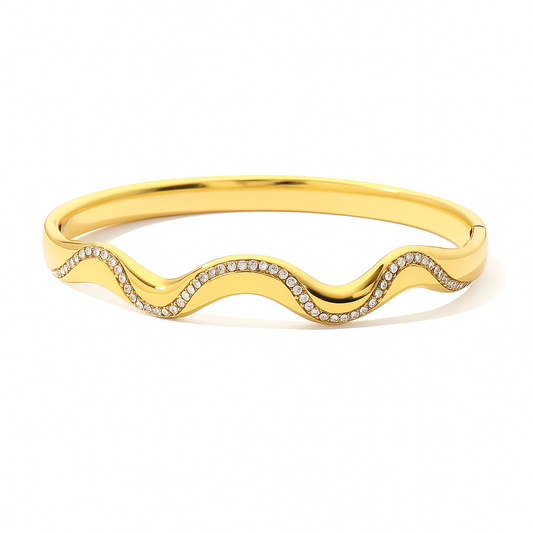 5A+ CZ Wave Style Bangle Bracelet - Gold Plated