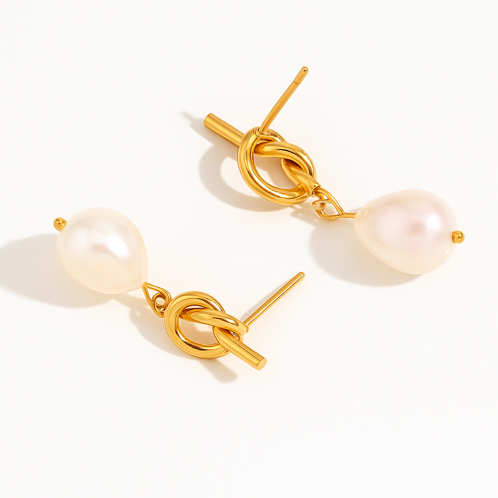 Baroque Pearl Knot Drop Earrings - Gold Plated