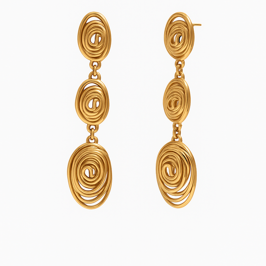 Layered Spiral Triple Drop Earrings - Gold Plated