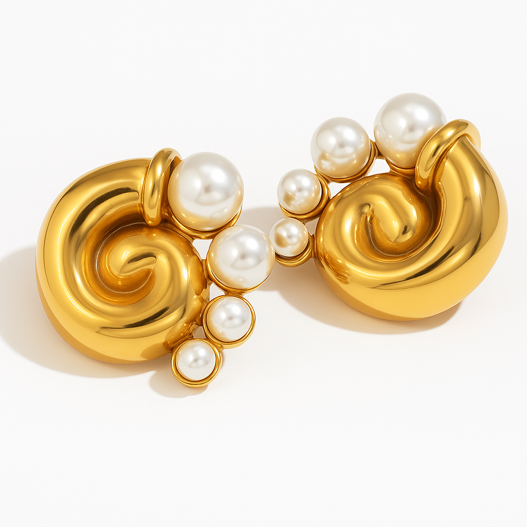 Pearl Cluster Spiral Earrings - Gold Plated