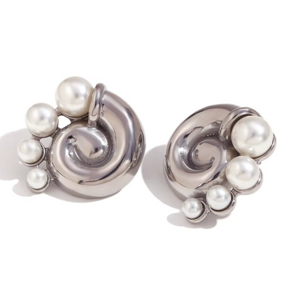 Pearl Cluster Spiral Earrings - Gold Plated