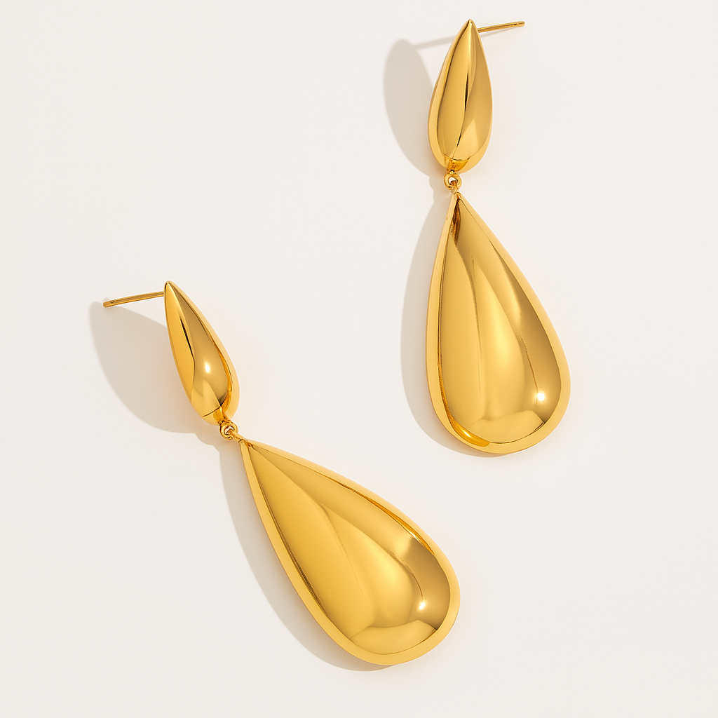 Polished Double Teardrop Statement Earrings - Gold Plated