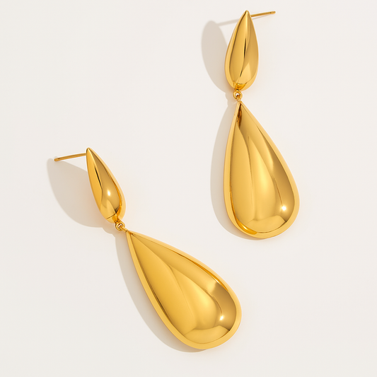 Polished Double Teardrop Statement Earrings - Gold Plated