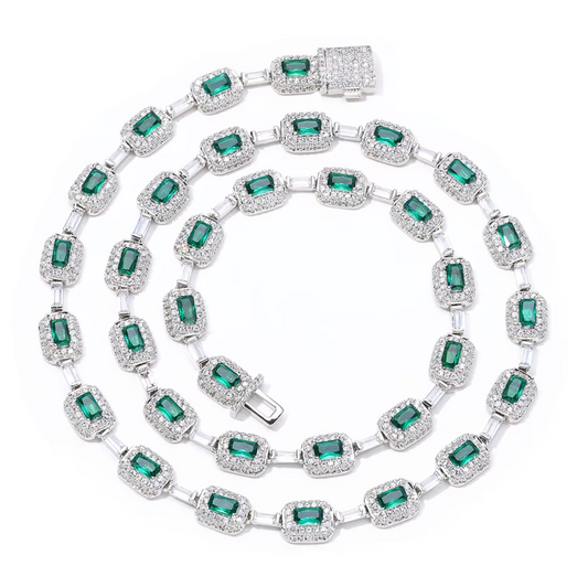 5A+ CZ 7mm Green Baguette Emerald Cushion Cut Chain