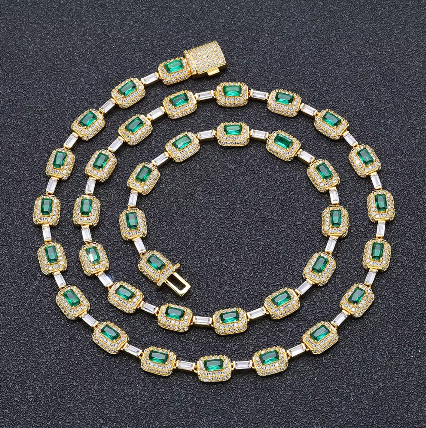 5A+ CZ 7mm Green Baguette Emerald Cushion Cut Chain