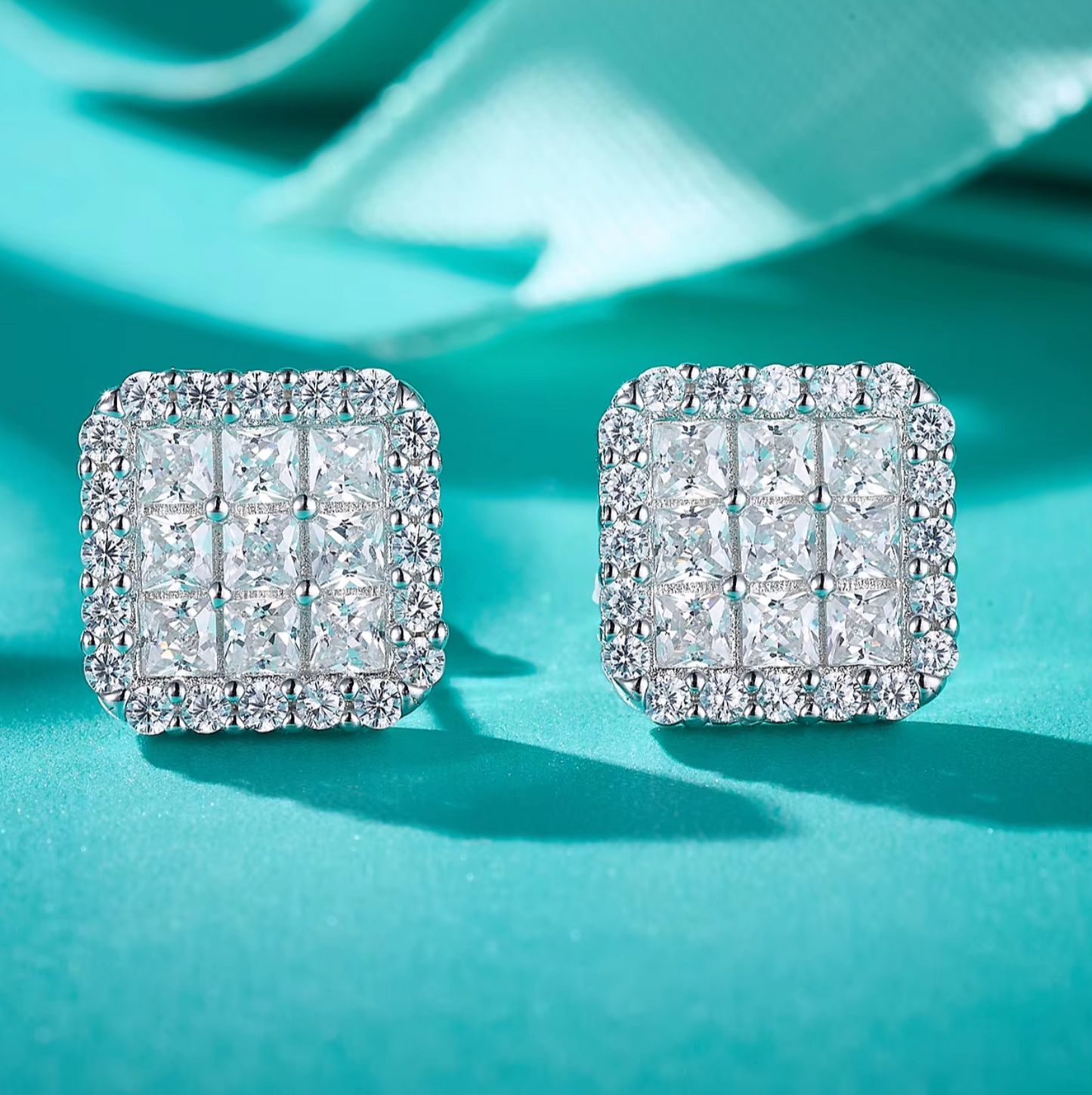 VVS1 Moissanite Fully Iced Square Princess Cut Stud Earrings