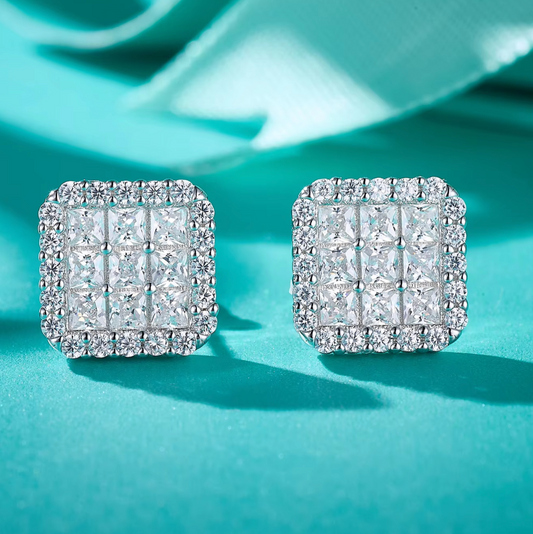 VVS1 Moissanite Fully Iced Square Princess Cut Stud Earrings