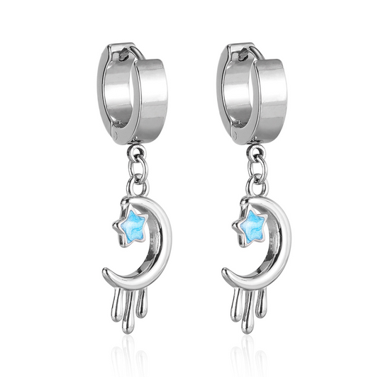 Enamel Moon and Star Hoop Earrings - Stainless Steel