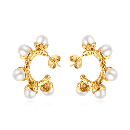 Pearl Hoop Studs C-Shape Earrings - Gold Plated
