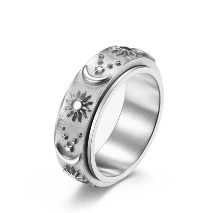 Stainless Steel Rotating Band Star Moon Ring