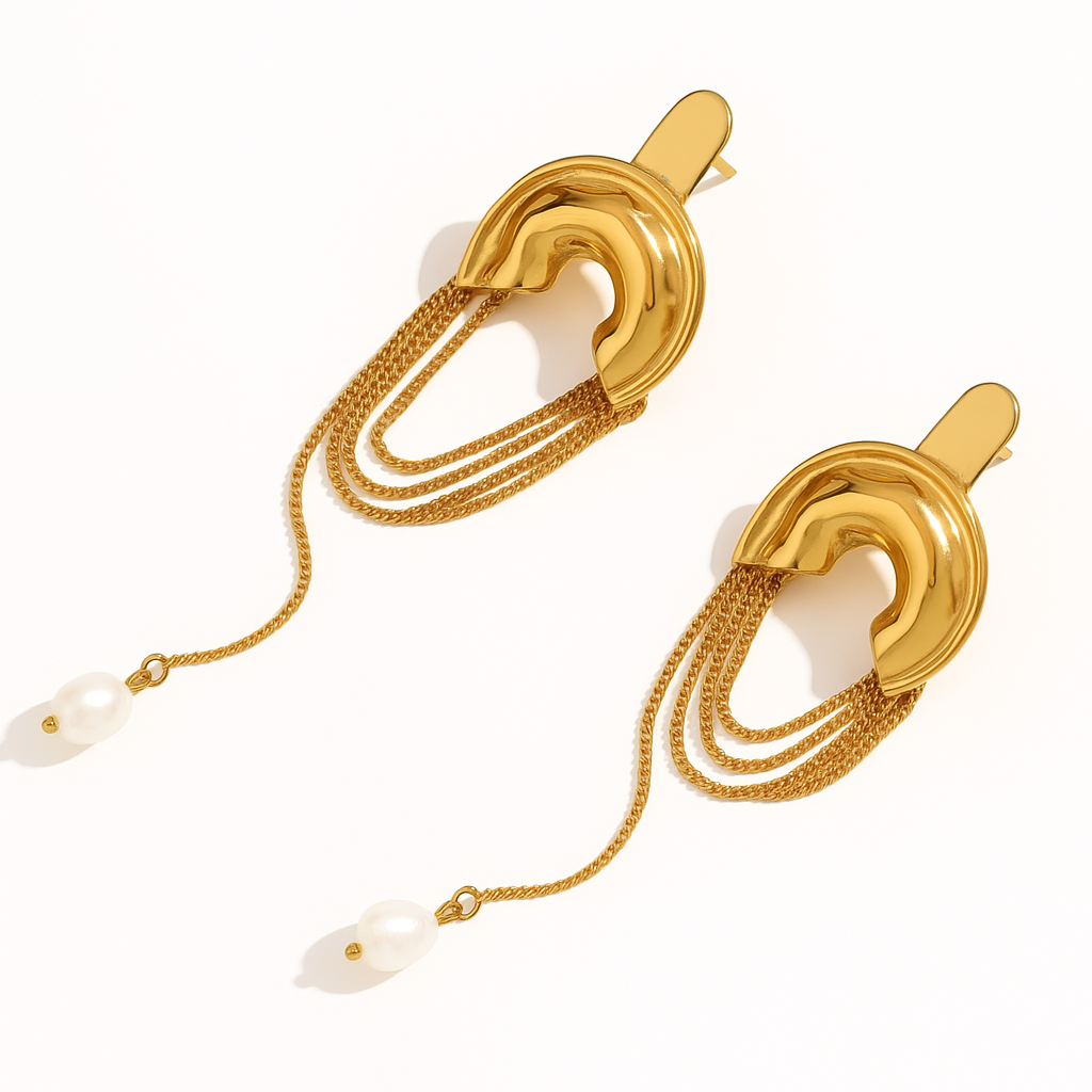 Sculpted Chain Drop Pearl Earrings - Gold Plated