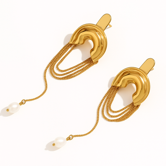 Sculpted Chain Drop Pearl Earrings - Gold Plated