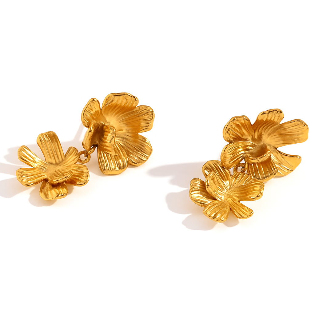 Sculpted Double Bloom Drop Earrings - Gold Plated