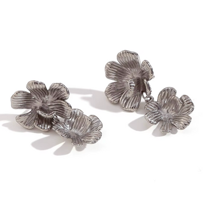 Sculpted Double Bloom Drop Earrings - Gold Plated