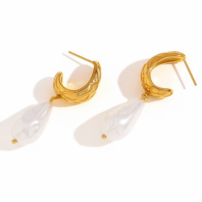 Textured Hoop Baroque Pearl Drop Earrings - Gold Plated