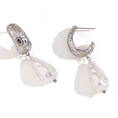 Textured Hoop Baroque Pearl Drop Earrings - Gold Plated