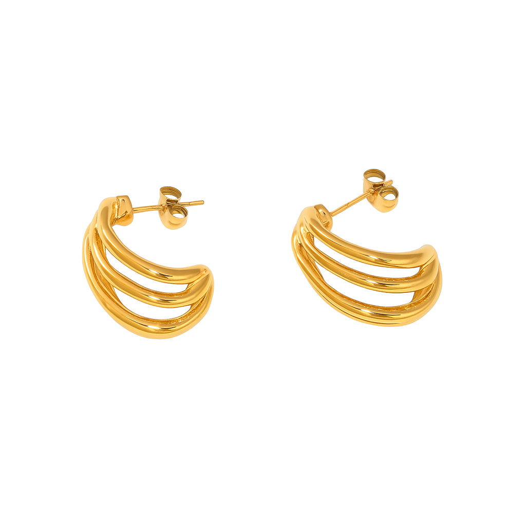 Triple Curve Sculpted Hoop Earrings - Gold Plated