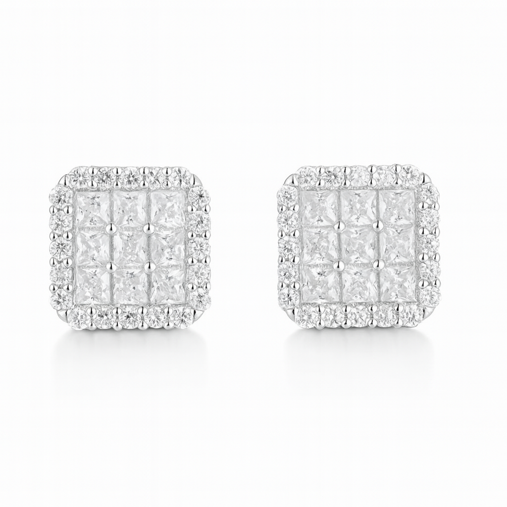 VVS1 Moissanite Fully Iced Square Princess Cut Stud Earrings