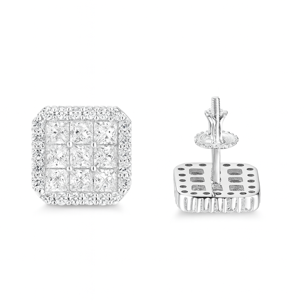 VVS1 Moissanite Fully Iced Square Princess Cut Stud Earrings