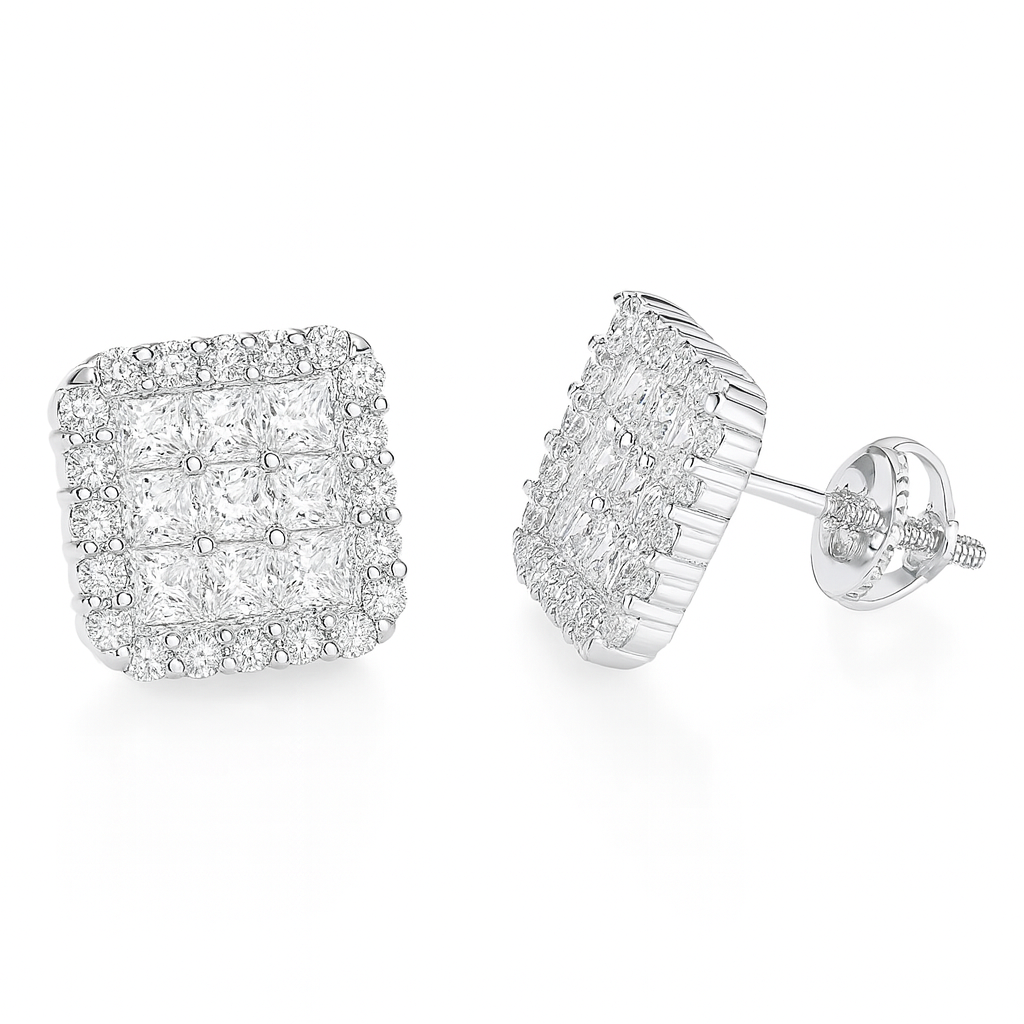 VVS1 Moissanite Fully Iced Square Princess Cut Stud Earrings